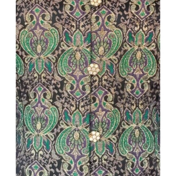 KAREN MILLER Green Gold Metallic Rhinestone Buttons Dress Jacket Size Large - Picture 2 of 5